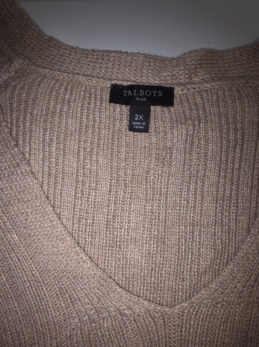 Talbots Plus Ribbed V-Neck Sweater in Light Brown Taupe